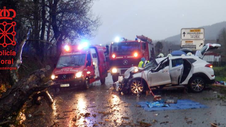 Hiru lagun zaurituak Legasa parean gertaturiko istripu batean, zuhaitz bat auto gainera erorita