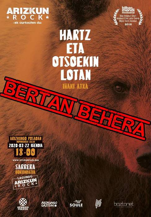 'Hartz eta otsoekin lotan' dokumentala ez eskaintzea erabaki du Arizkun Rockek