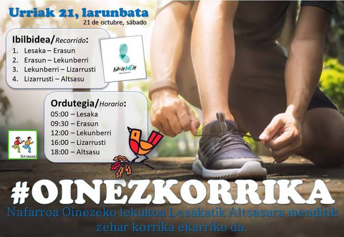 Nafarroa Oinezen lekukoa mendiz lasterka eramanen dute Lesakatik Altsasura urriaren 21ean