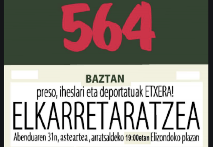 Preso, iheslari eta deportatuen aldeko elkarretaratzea eginen dute gaur arratsaldean Elizondon
